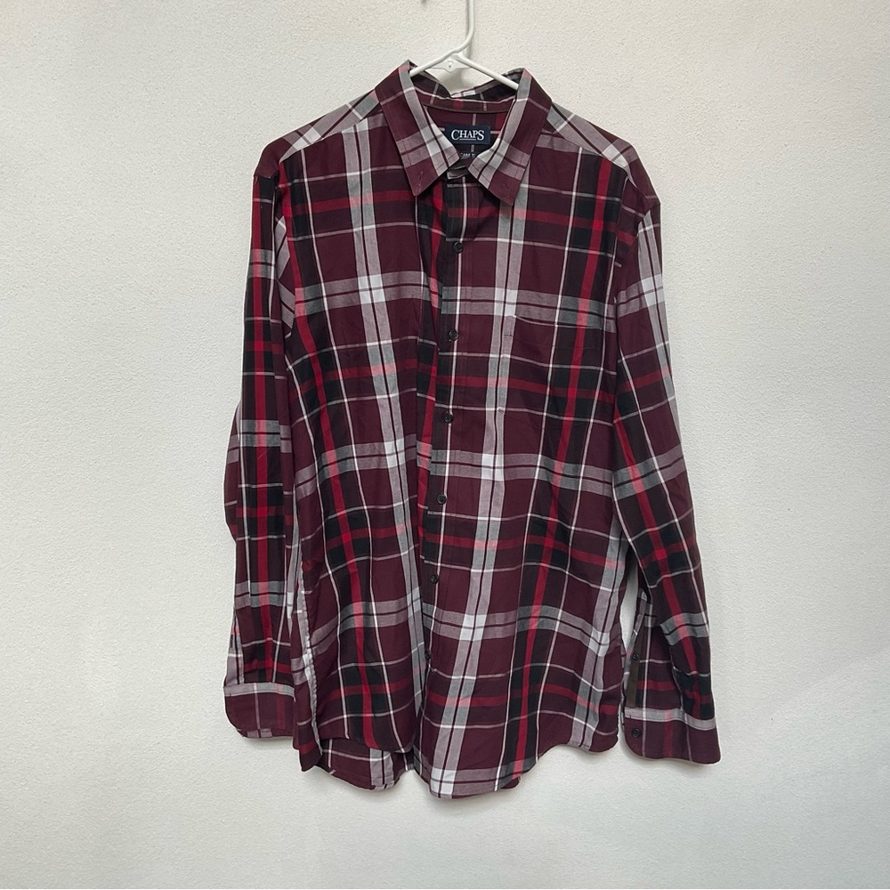 Chaps Easy Care Twill Red, White Plaid Button Down Shirt Size XL Festive Holiday